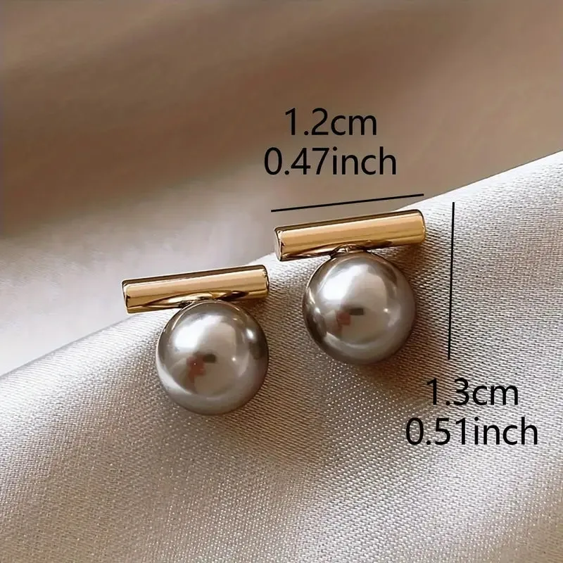 1 Pair Minimalist Elegant Style Stud Earrings, Horizontal Bar With Grey Faux Pearl Stud Earrings