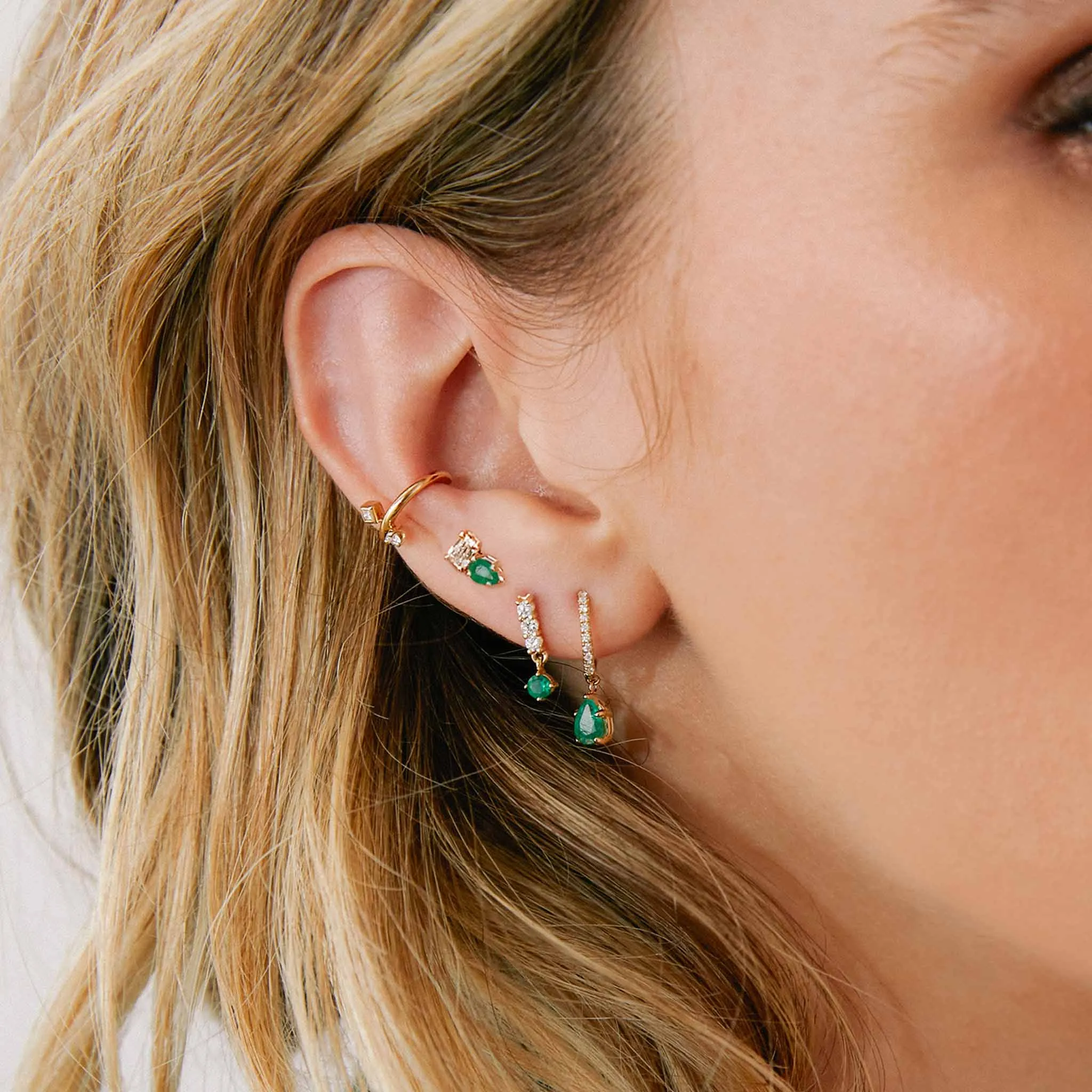 14k Pear Emerald & Emerald Cut Diamond Studs