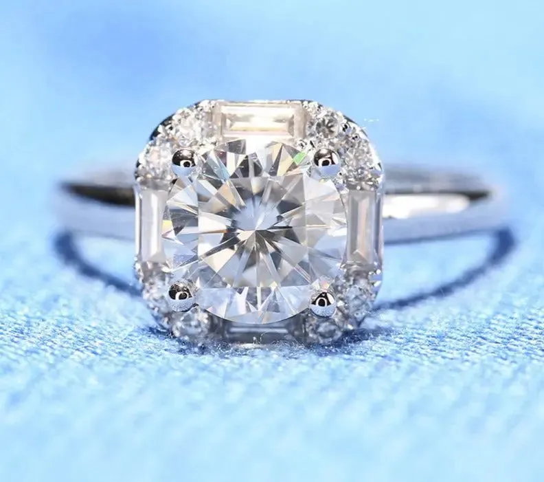 14k White Gold Halo Moissanite Ring 1ct Center Stone