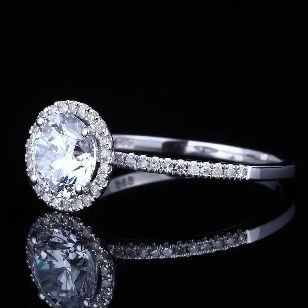 14k White Gold Halo Moissanite Ring 1ct Center Stone