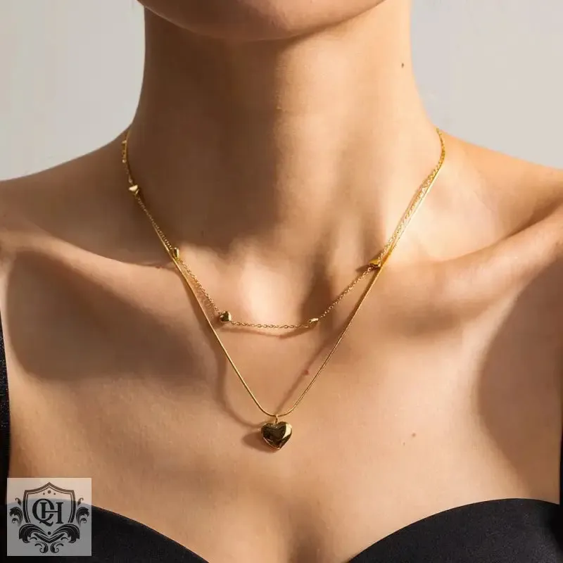 18K Gold Heart Double Layer Necklace