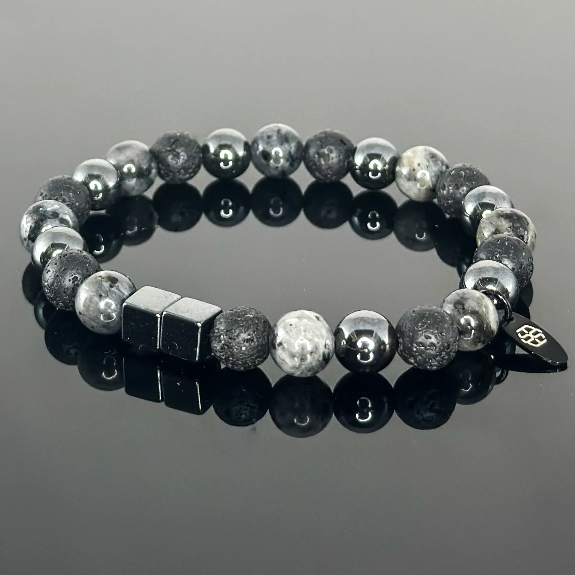 2111 Men’s Trio Wristband with Larvikite, Hematite and Lava Stone