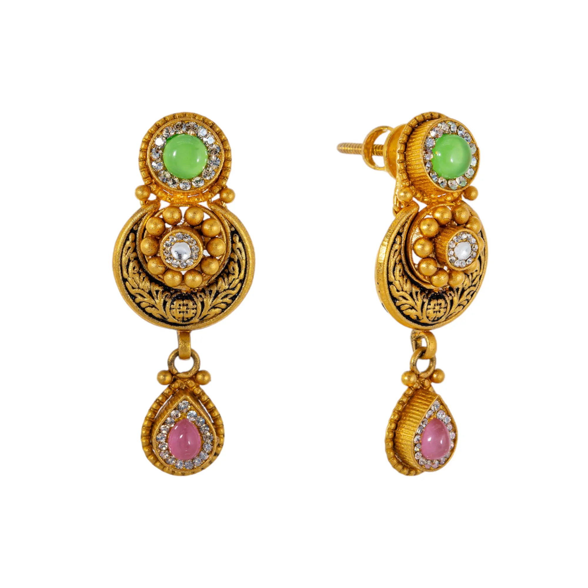 22K Antique Gold Jewelry Set w/ CZ, Kundan, Emerald, & Ruby (32.8gm)