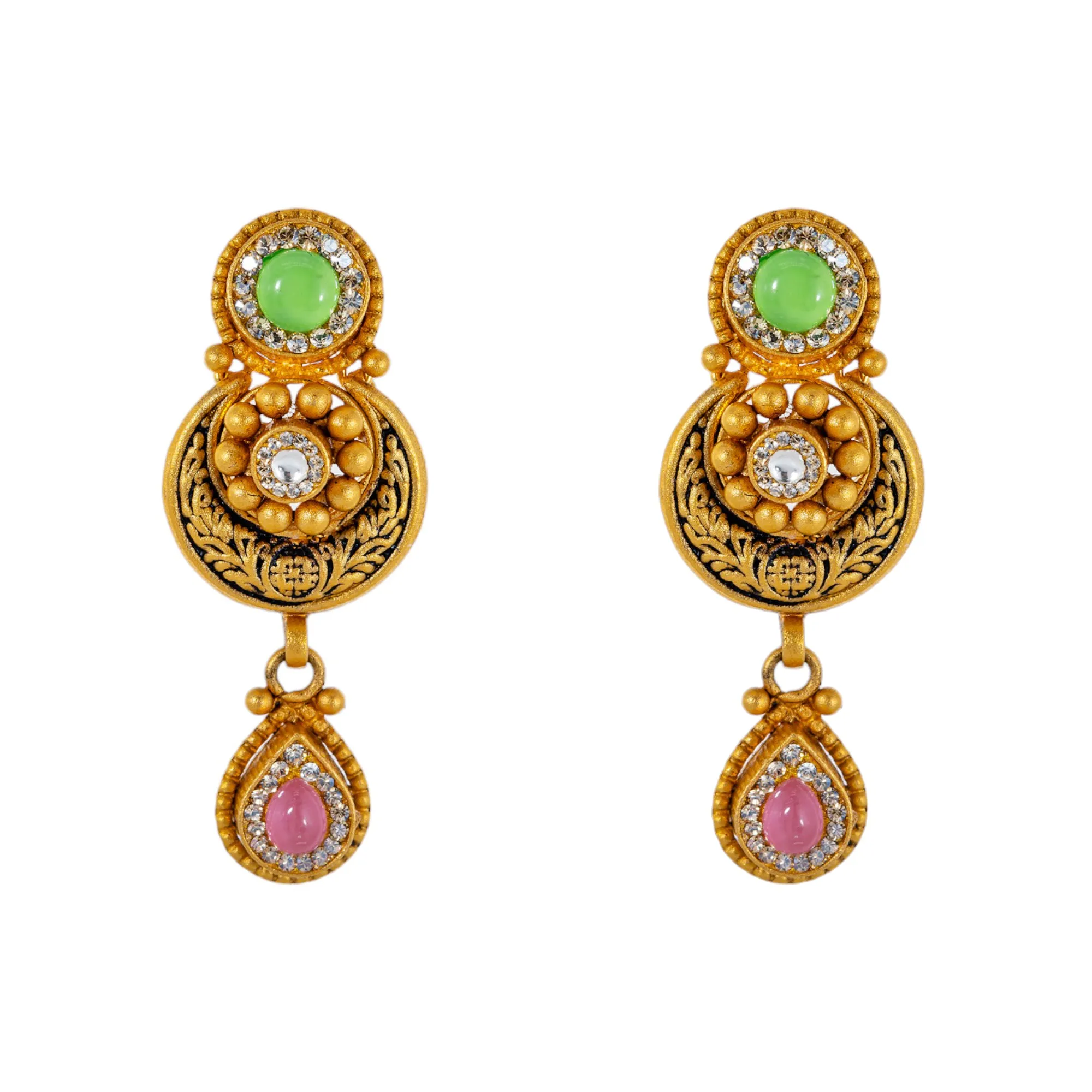 22K Antique Gold Jewelry Set w/ CZ, Kundan, Emerald, & Ruby (32.8gm)