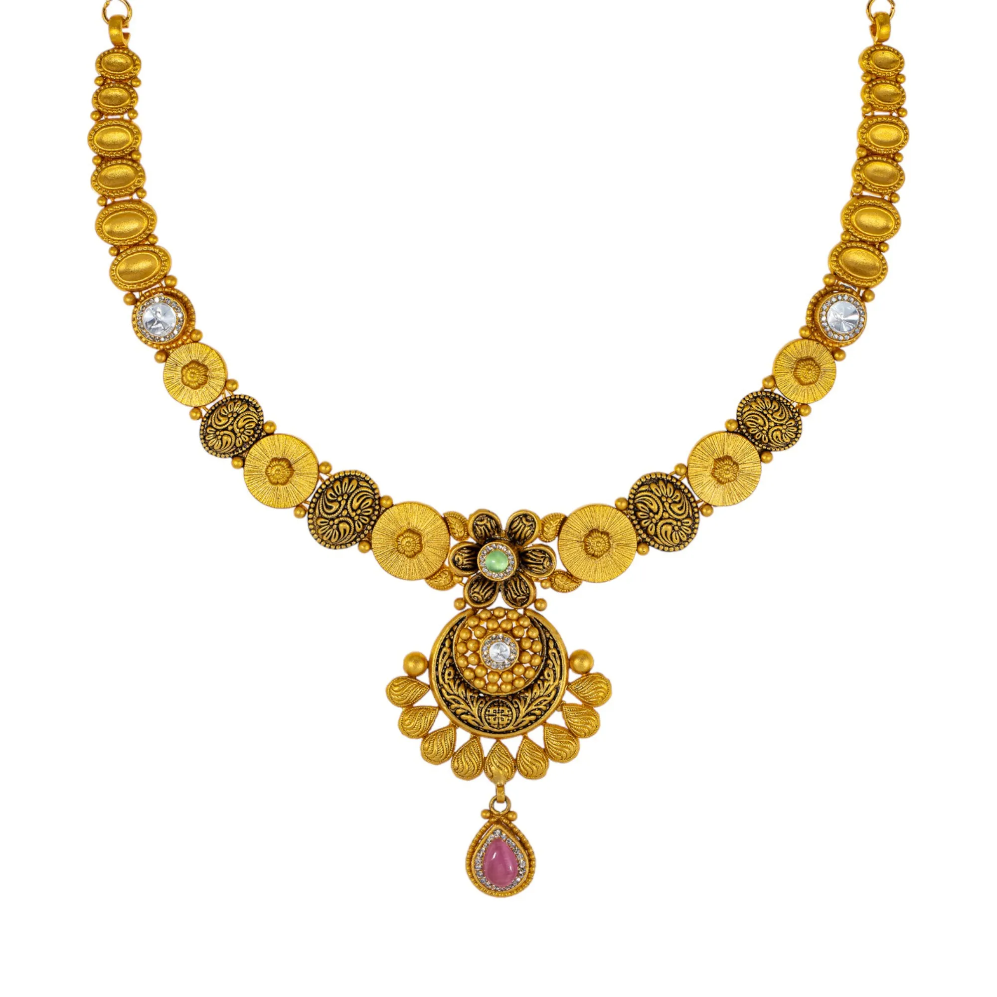22K Antique Gold Jewelry Set w/ CZ, Kundan, Emerald, & Ruby (32.8gm)