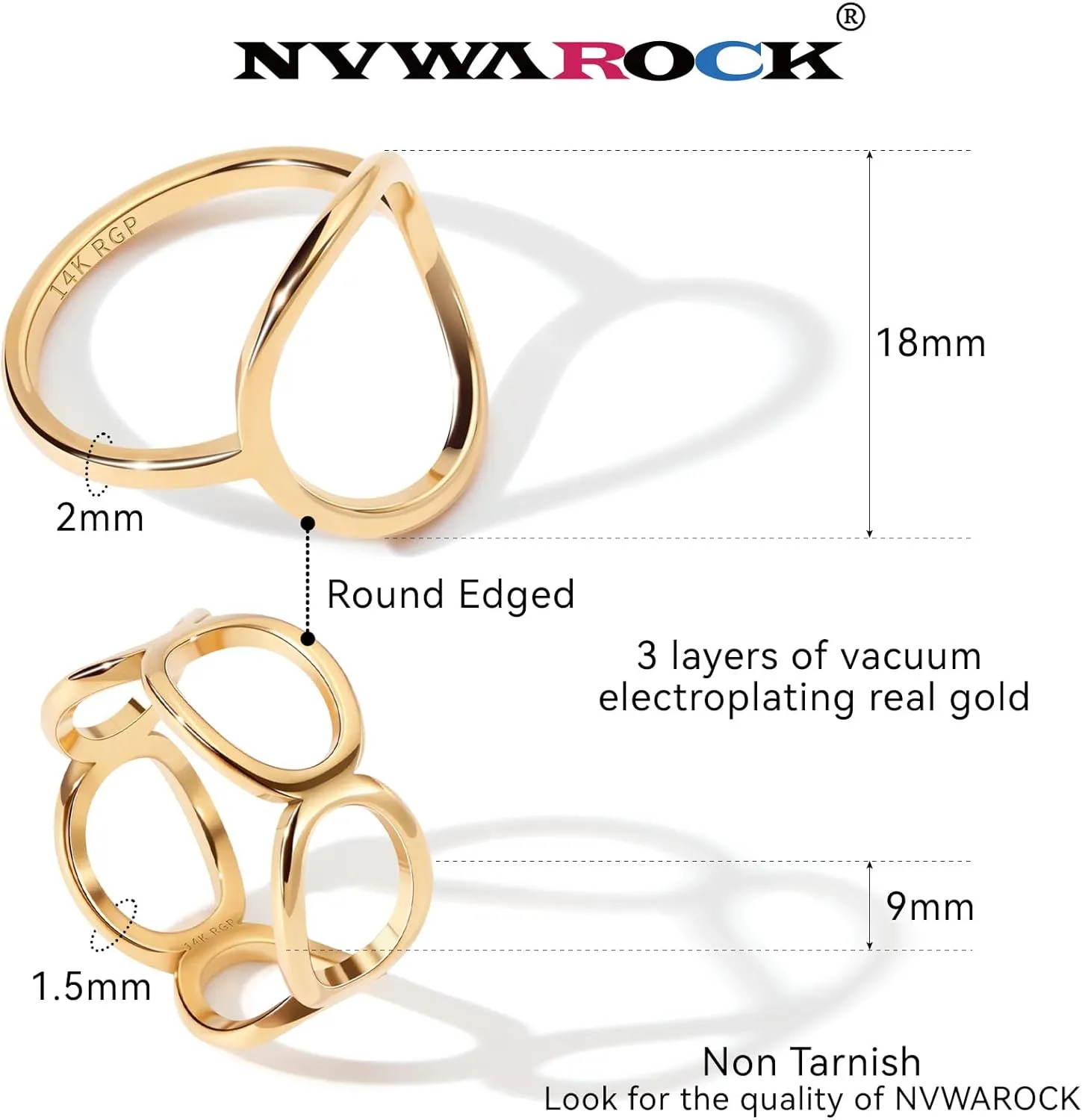 2PCS Circle Statement Ring Set for Women 14K Gold Plated Simple Link Chain Knuckle Stacking BandsGold and Silver, Size 5 to 10