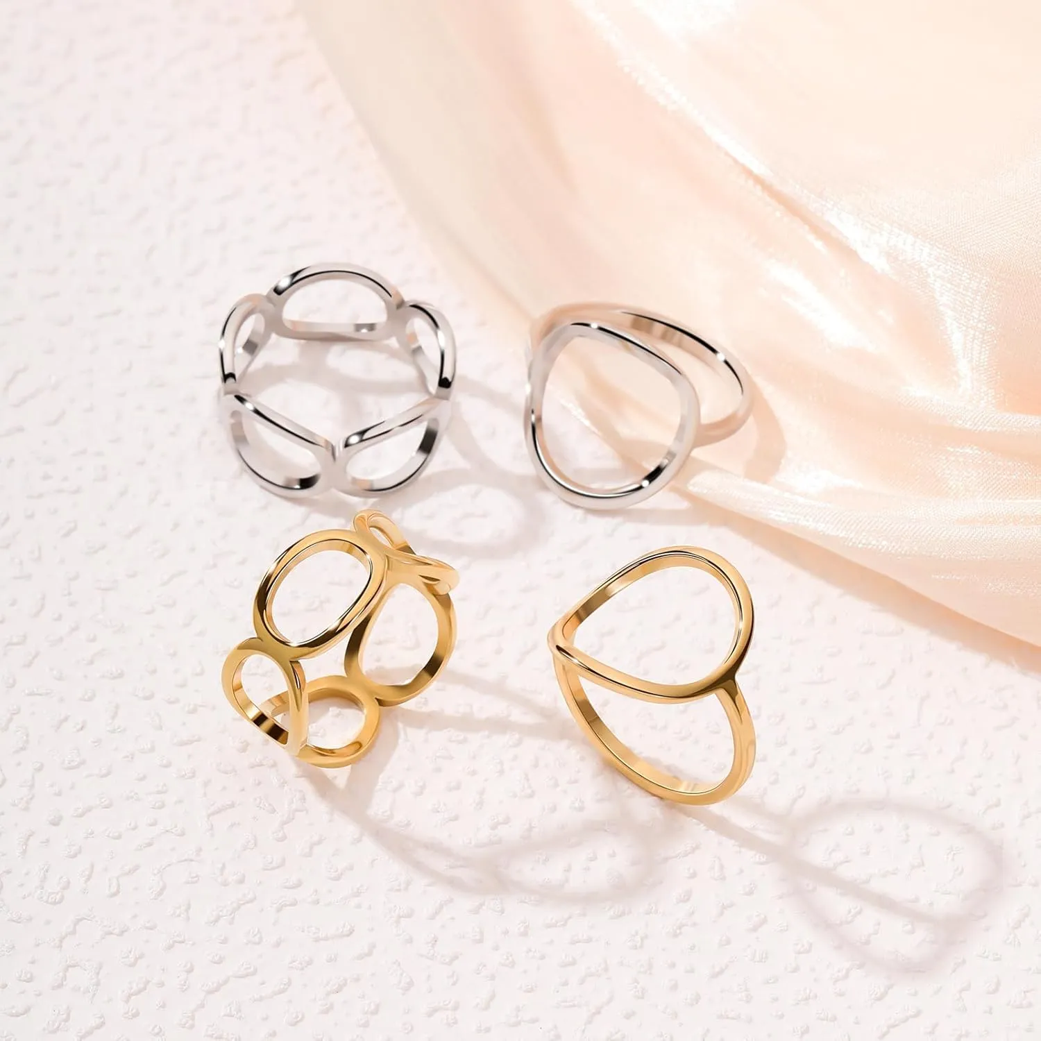 2PCS Circle Statement Ring Set for Women 14K Gold Plated Simple Link Chain Knuckle Stacking BandsGold and Silver, Size 5 to 10