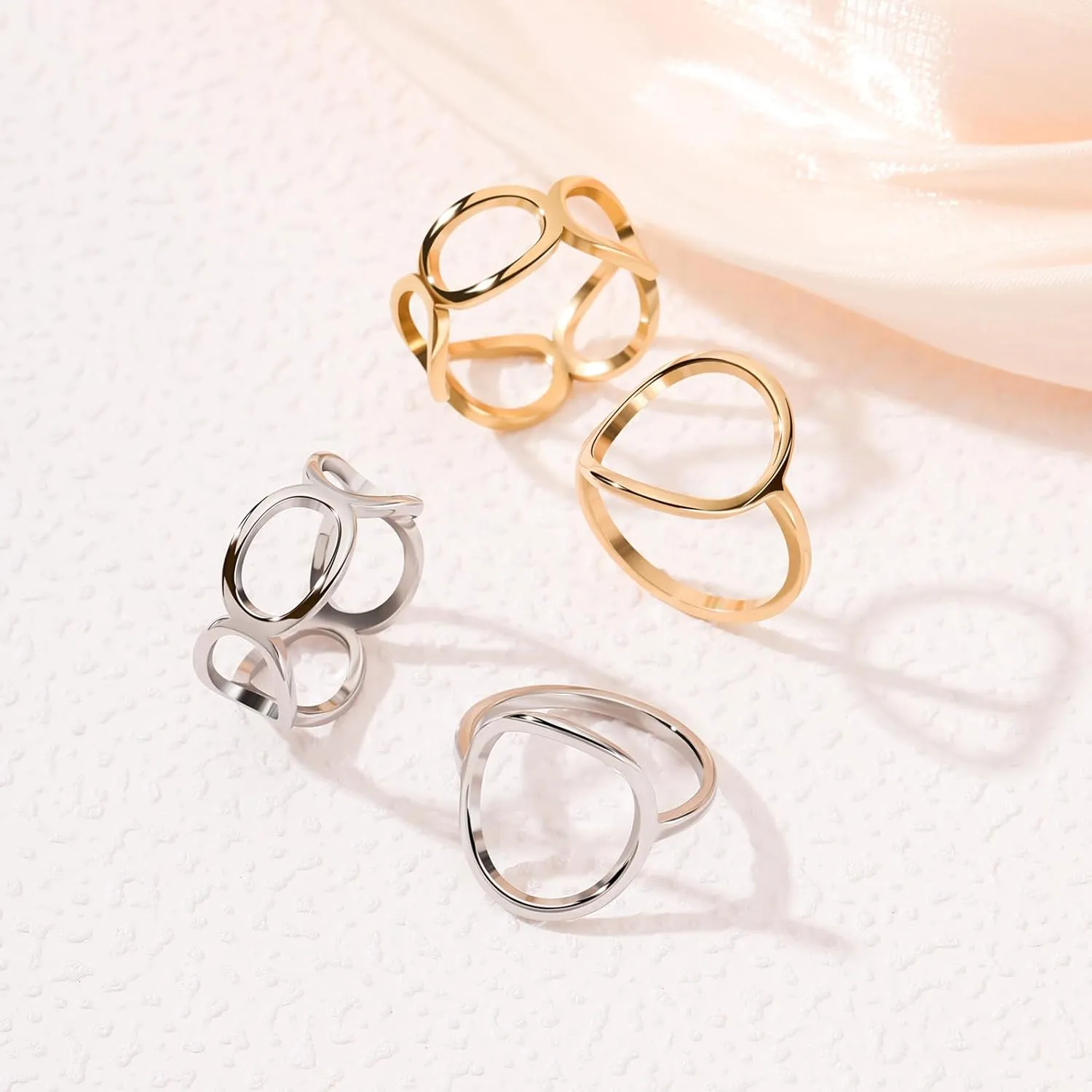 2PCS Circle Statement Ring Set for Women 14K Gold Plated Simple Link Chain Knuckle Stacking BandsGold and Silver, Size 5 to 10