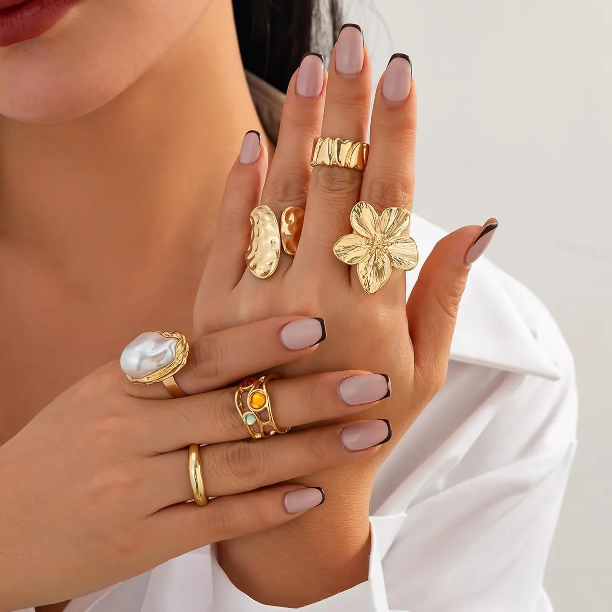 6PCS Chunky Gold Rings for Women Golden/Silver Opening Adjustable Rings Dainty Chunky Statement Dome Rings Set Baroque Pearl Flower Stackable Rings Trendy Jewelry Set for Women
