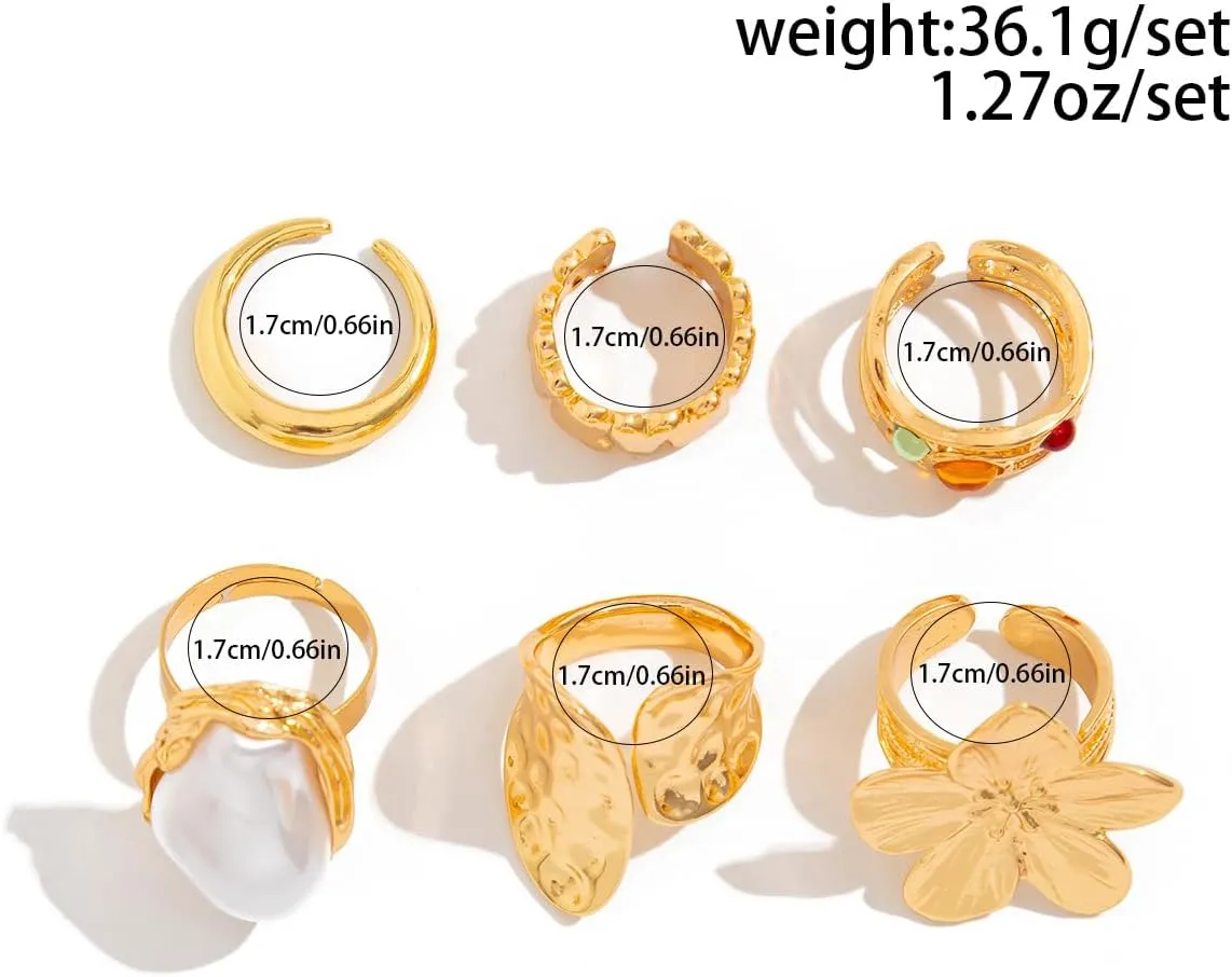 6PCS Chunky Gold Rings for Women Golden/Silver Opening Adjustable Rings Dainty Chunky Statement Dome Rings Set Baroque Pearl Flower Stackable Rings Trendy Jewelry Set for Women