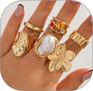 6PCS Chunky Gold Rings for Women Golden/Silver Opening Adjustable Rings Dainty Chunky Statement Dome Rings Set Baroque Pearl Flower Stackable Rings Trendy Jewelry Set for Women