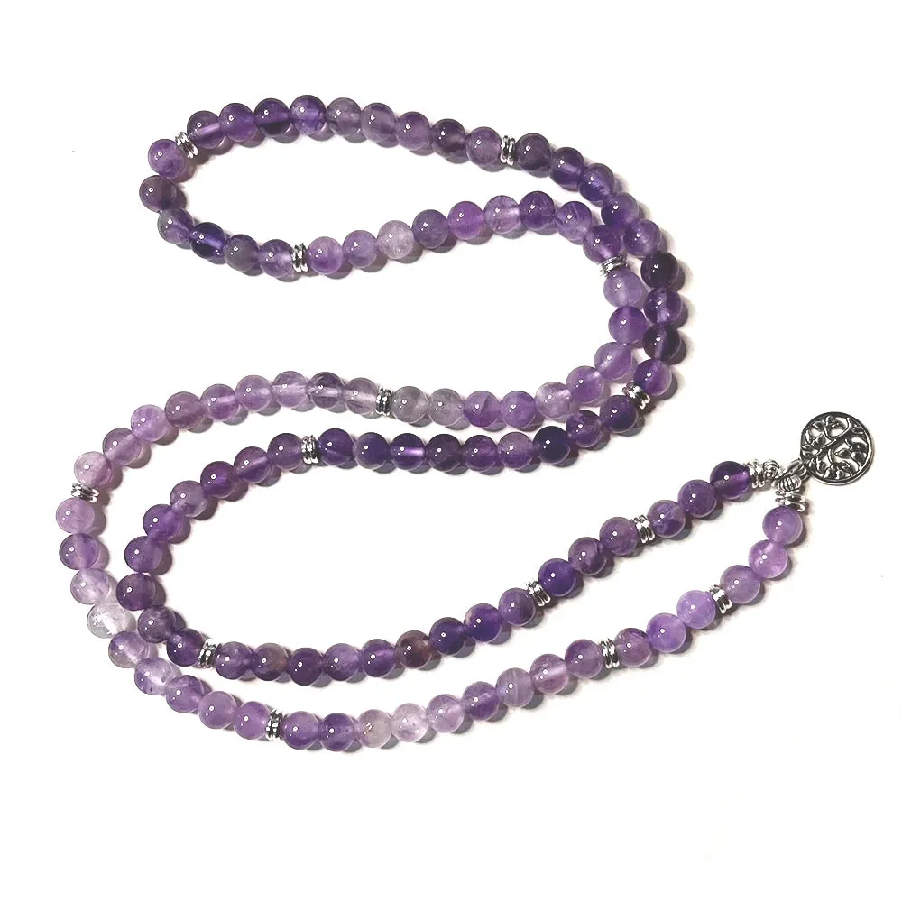 8mm Natural Amethyst Beaded 108 Mala Wrap Bracelet Meditation