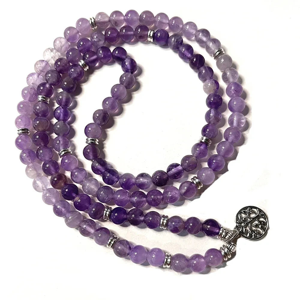 8mm Natural Amethyst Beaded 108 Mala Wrap Bracelet Meditation