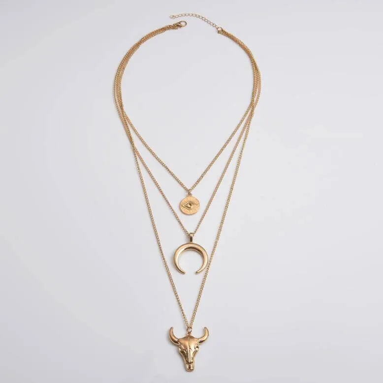 Alloy Three-Layered Bull Head Pendant Necklace