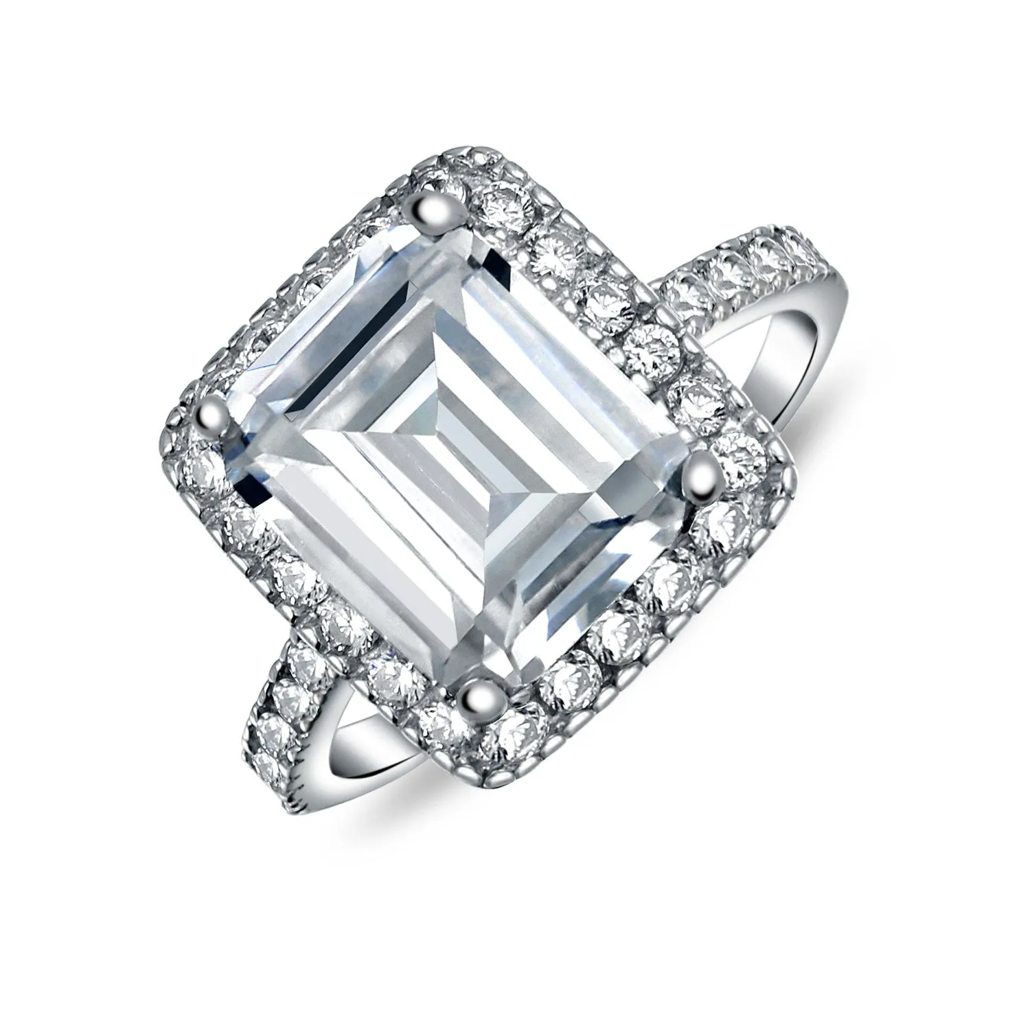 Art Deco 5CT Emerald Cut CZ Halo Engagement Ring with Thin Pave Band Silver