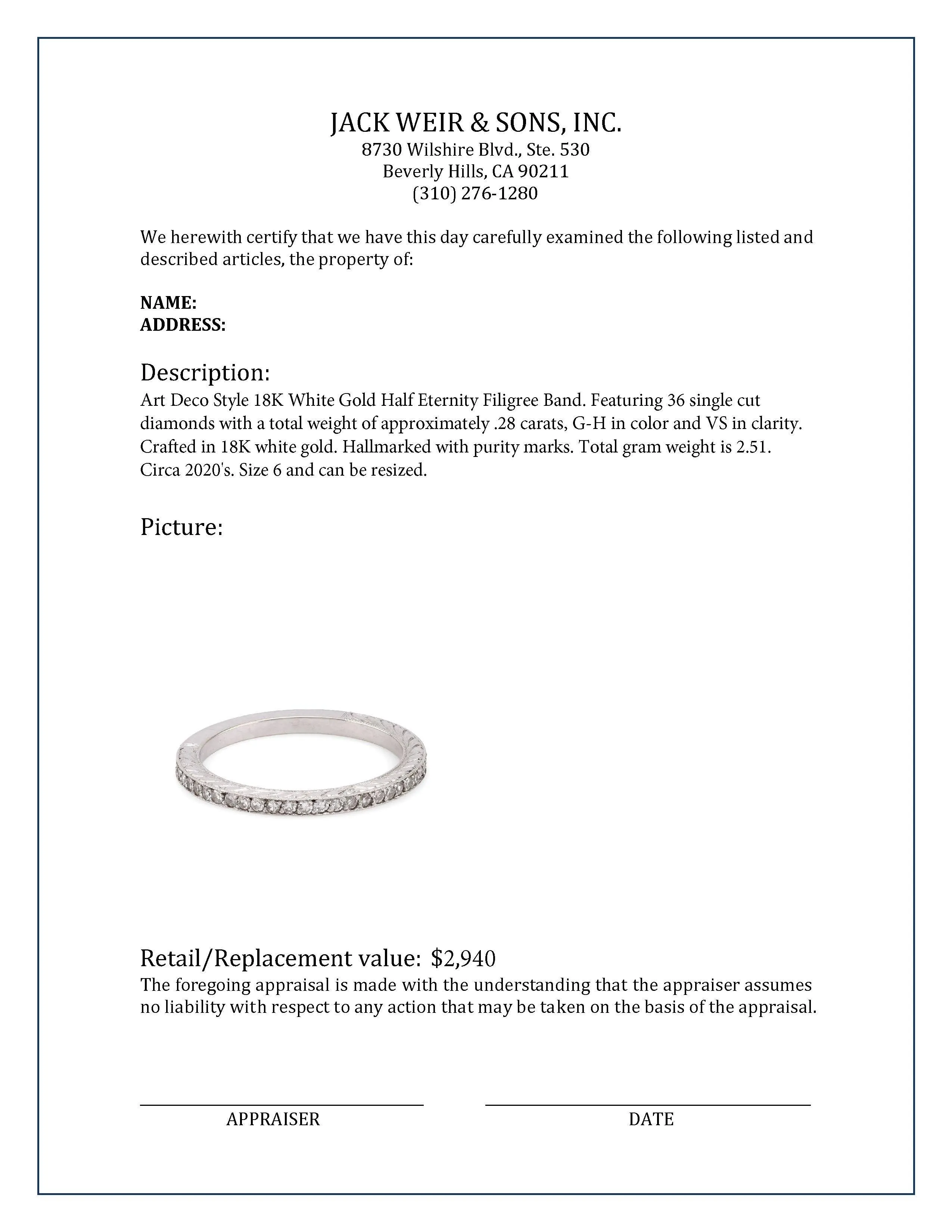 Art Deco Style 18K White Gold Half Eternity Filigree Band