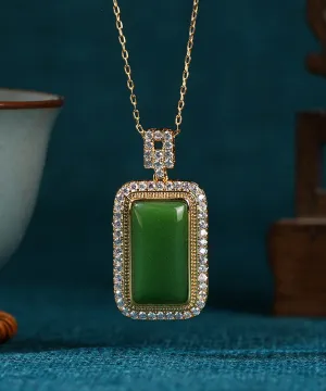 Art Green Copper Overgild Jade Zircon Pendant Necklace KX1057