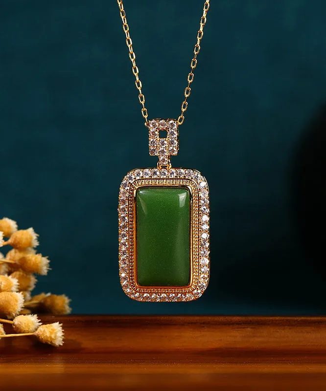 Art Green Copper Overgild Jade Zircon Pendant Necklace KX1057