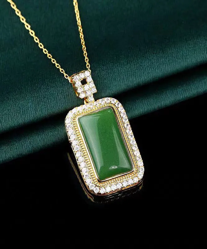 Art Green Copper Overgild Jade Zircon Pendant Necklace KX1057