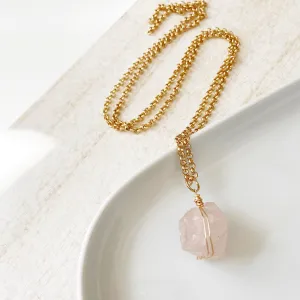 Beautiful Strong Unique- Rose Quartz Wire Wrapped Pendant in Gold and Silver, (thirty inches)