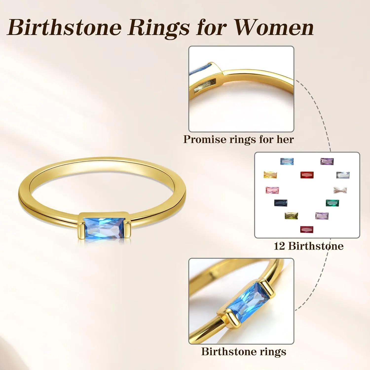 Birthstone Rings for Women, Birthday Gifts for Teen Dainty 14K Gold Plated Rings Stocking Stuffers for Teens 1-12 Months Birthstone Rings Size 5-10# Anniversary Christmas Gift Birthstone Jewelry
