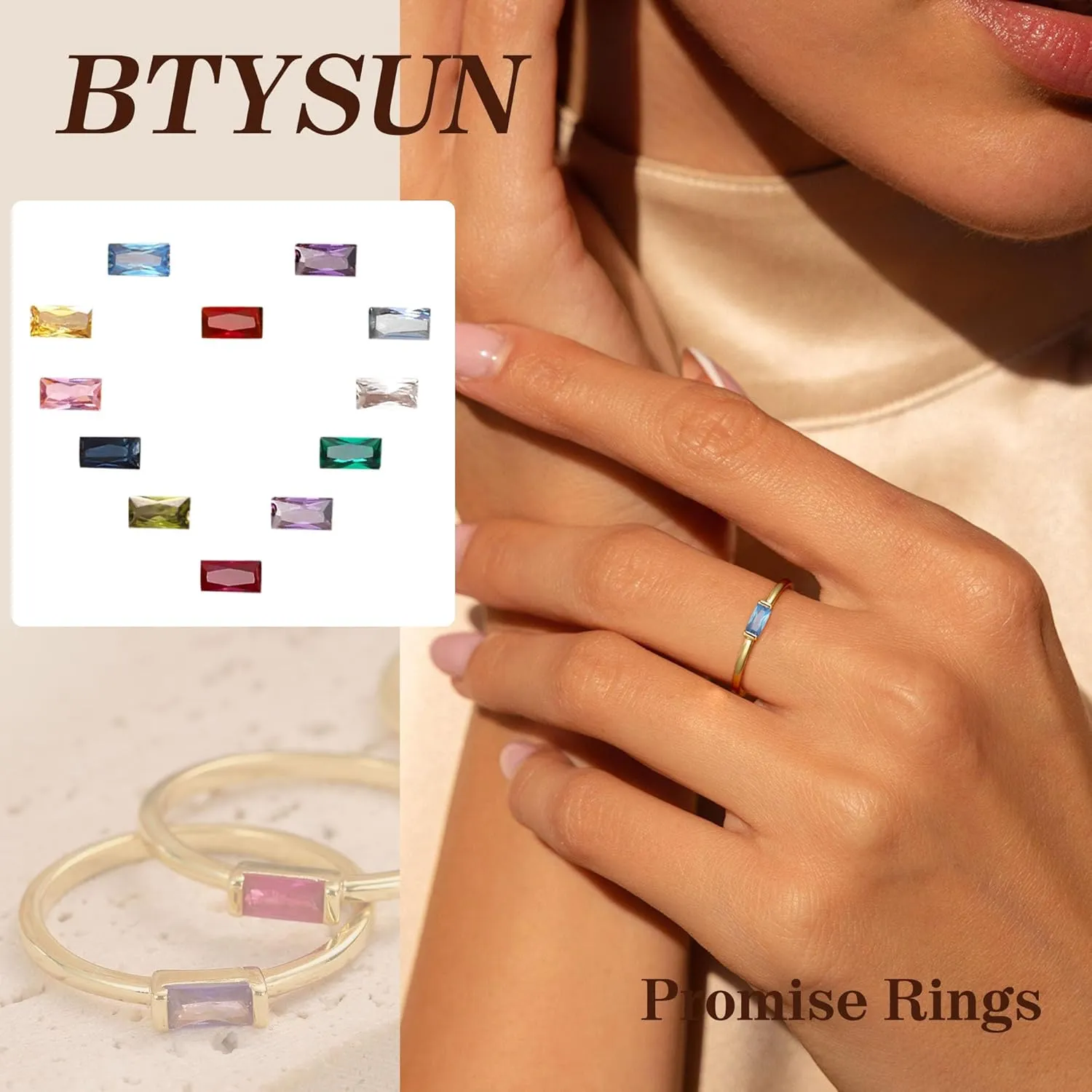 Birthstone Rings for Women, Birthday Gifts for Teen Dainty 14K Gold Plated Rings Stocking Stuffers for Teens 1-12 Months Birthstone Rings Size 5-10# Anniversary Christmas Gift Birthstone Jewelry