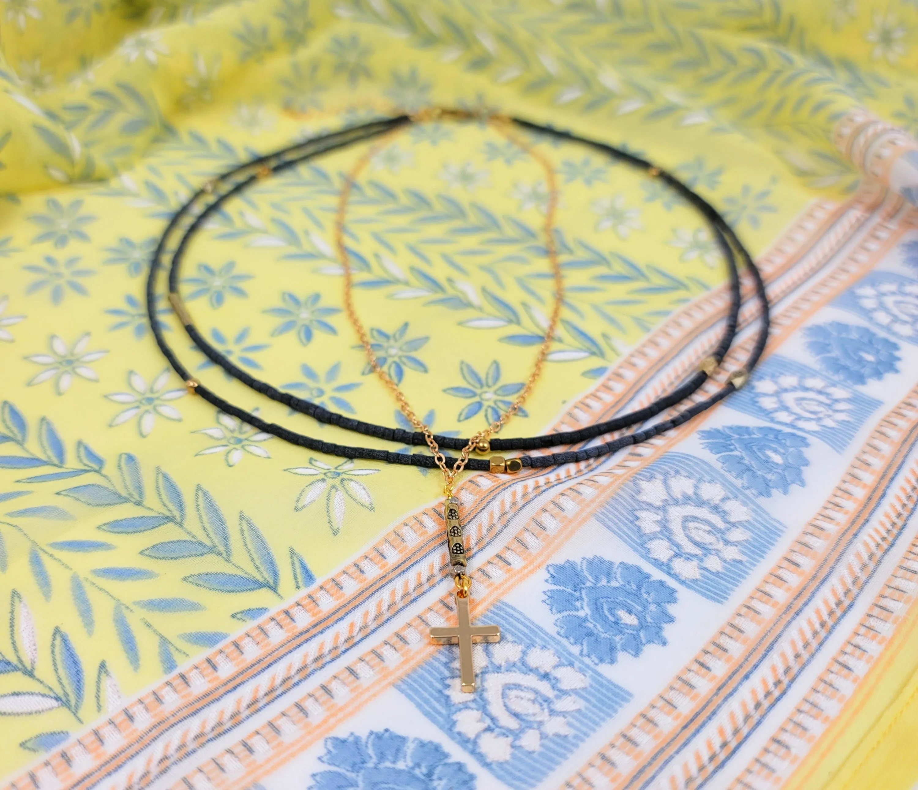 Black Rondelle Cross Necklace