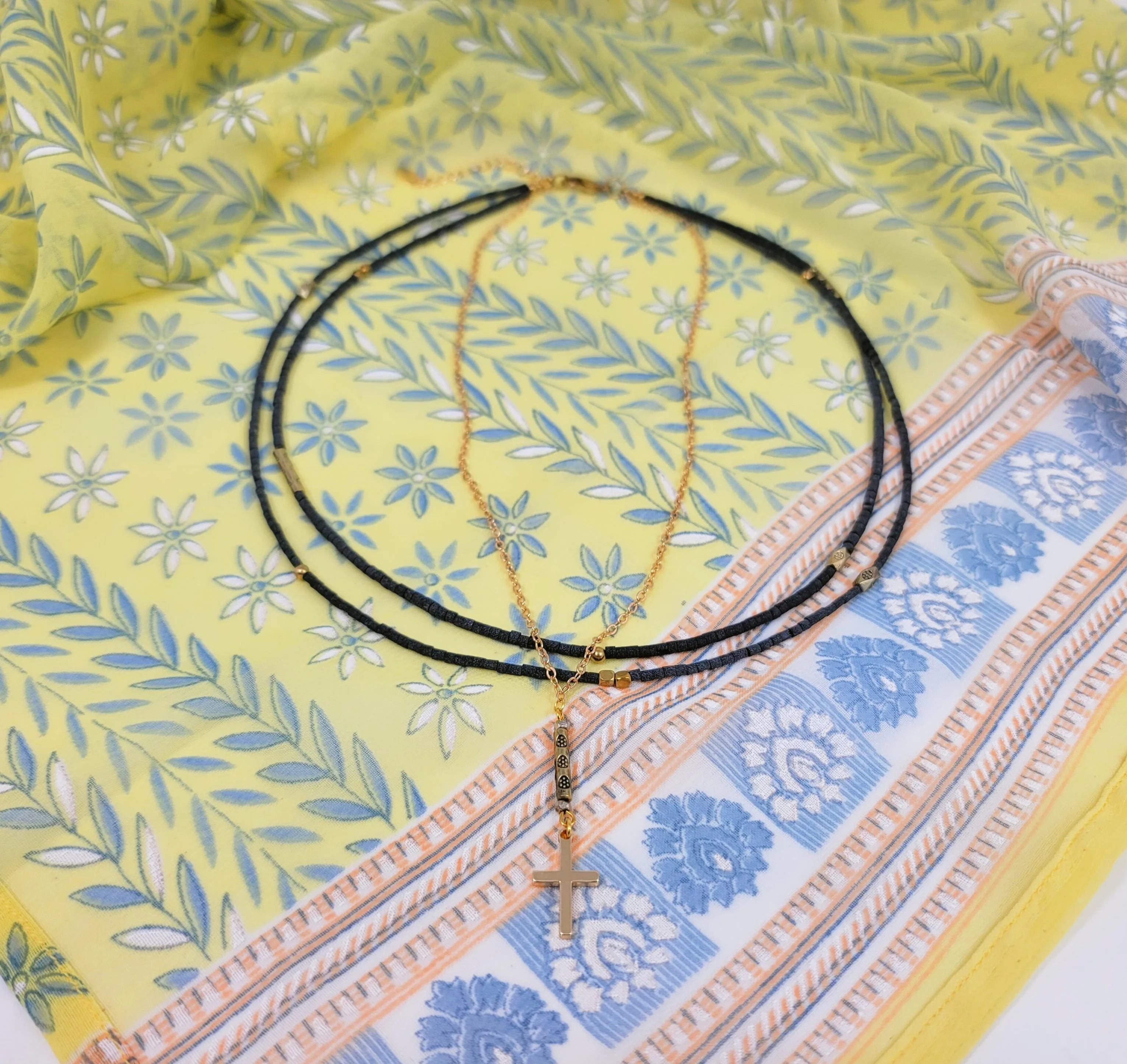 Black Rondelle Cross Necklace