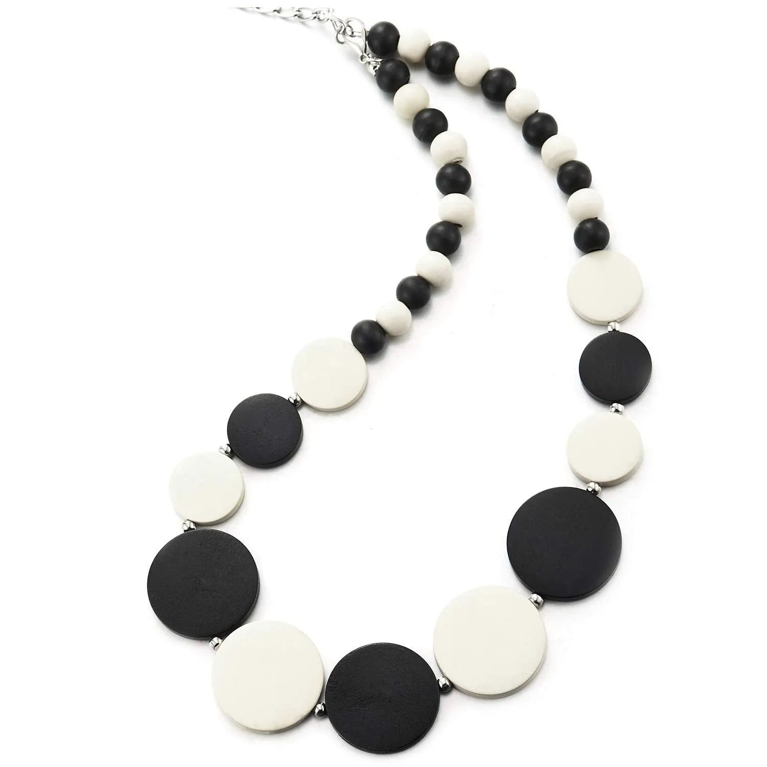 Black White Wood Circle Disc Beads Chain Choker Collar Statement Necklace, Dress Party Event, Unique