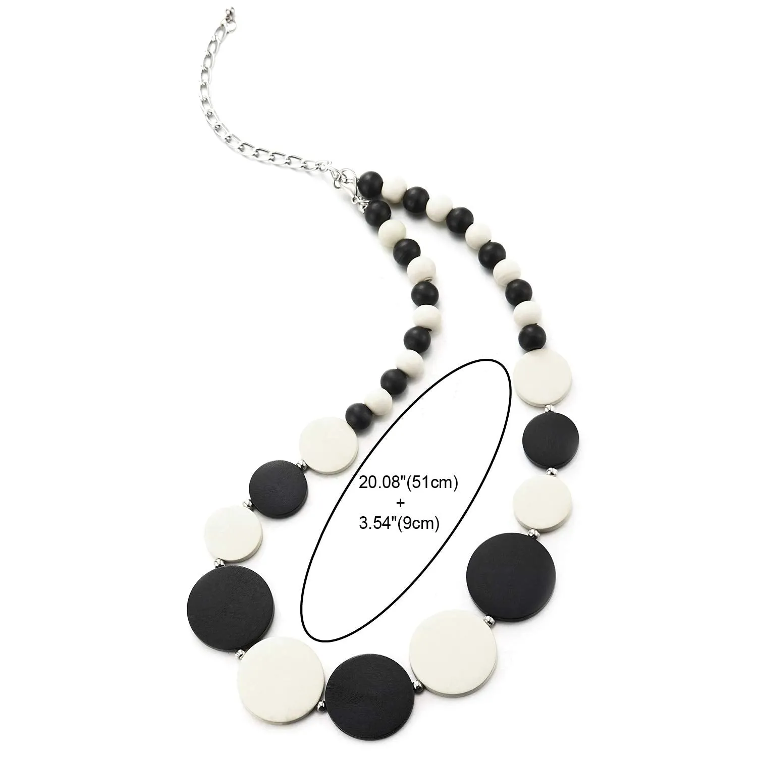 Black White Wood Circle Disc Beads Chain Choker Collar Statement Necklace, Dress Party Event, Unique