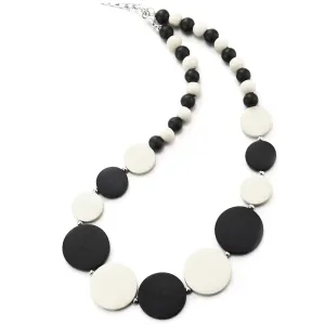 Black White Wood Circle Disc Beads Chain Choker Collar Statement Necklace, Dress Party Event, Unique
