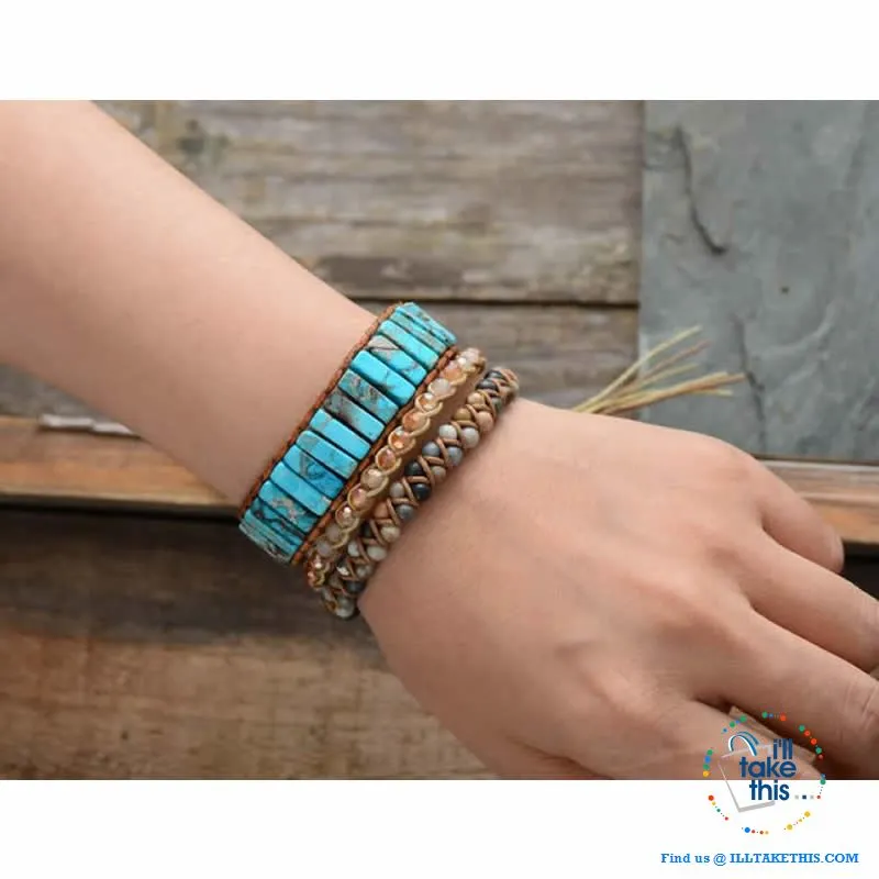 Bohemian Handmade Multi Color Natural Stone Bracelets, Turquoise or Tan Colors