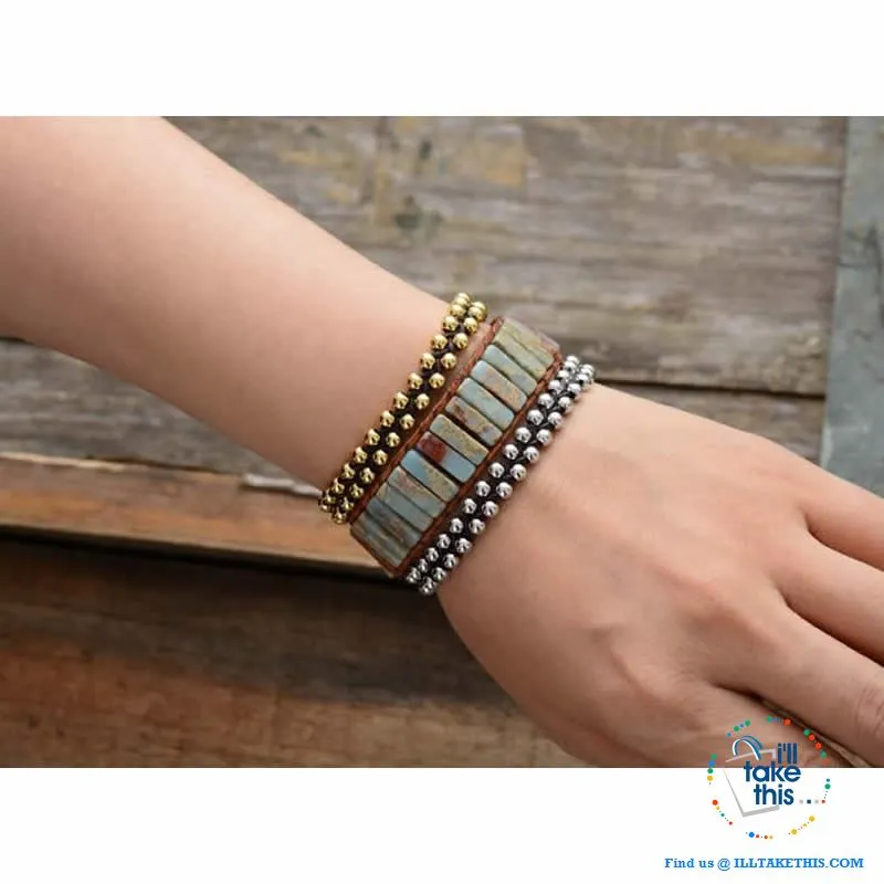 Bohemian Handmade Multi Color Natural Stone Bracelets, Turquoise or Tan Colors