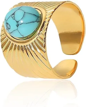Boho Western Turquoise Ring, Oval Turquoise December Birthstone Open Statement Ring, Gold Plated Stainless Steel Stackable Rings for Women
