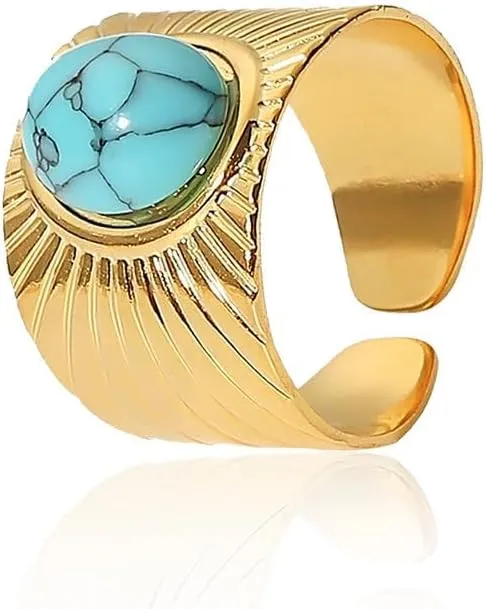 Boho Western Turquoise Ring, Oval Turquoise December Birthstone Open Statement Ring, Gold Plated Stainless Steel Stackable Rings for Women