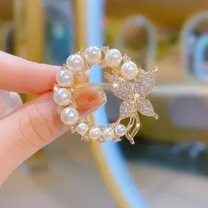 Butterfly Rhinestone Gold-Toned Brooch With Synthetic Pearls