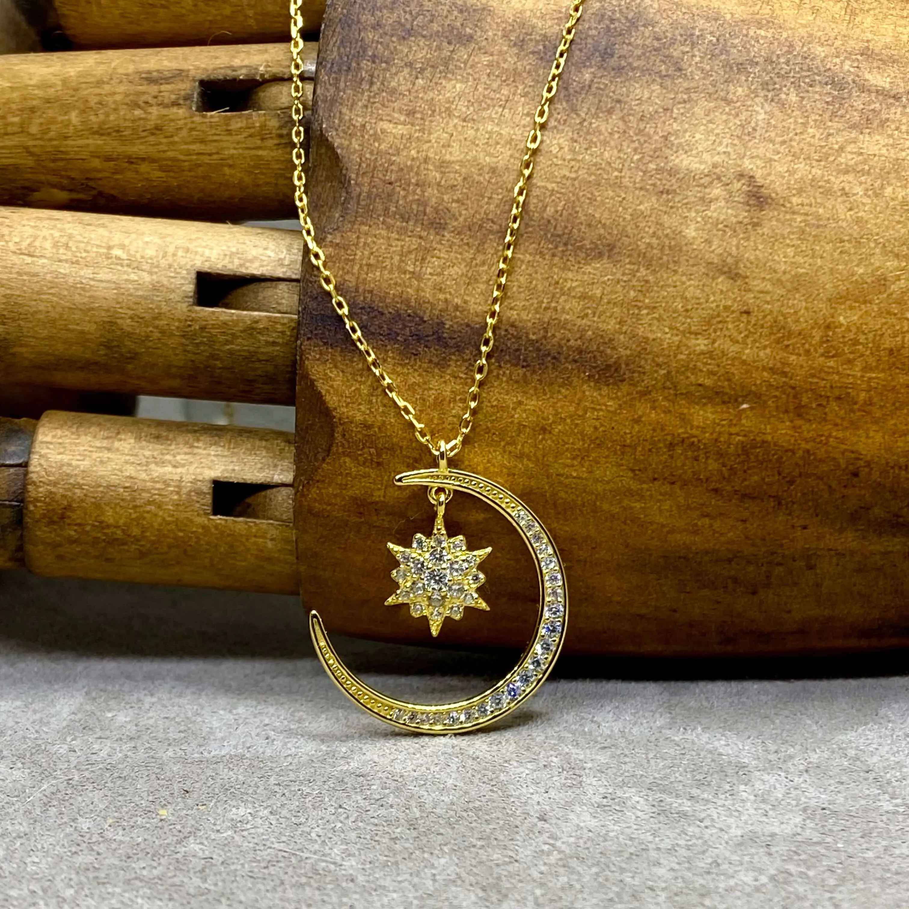 Crescent Moon & Star Sterling Silver Necklace