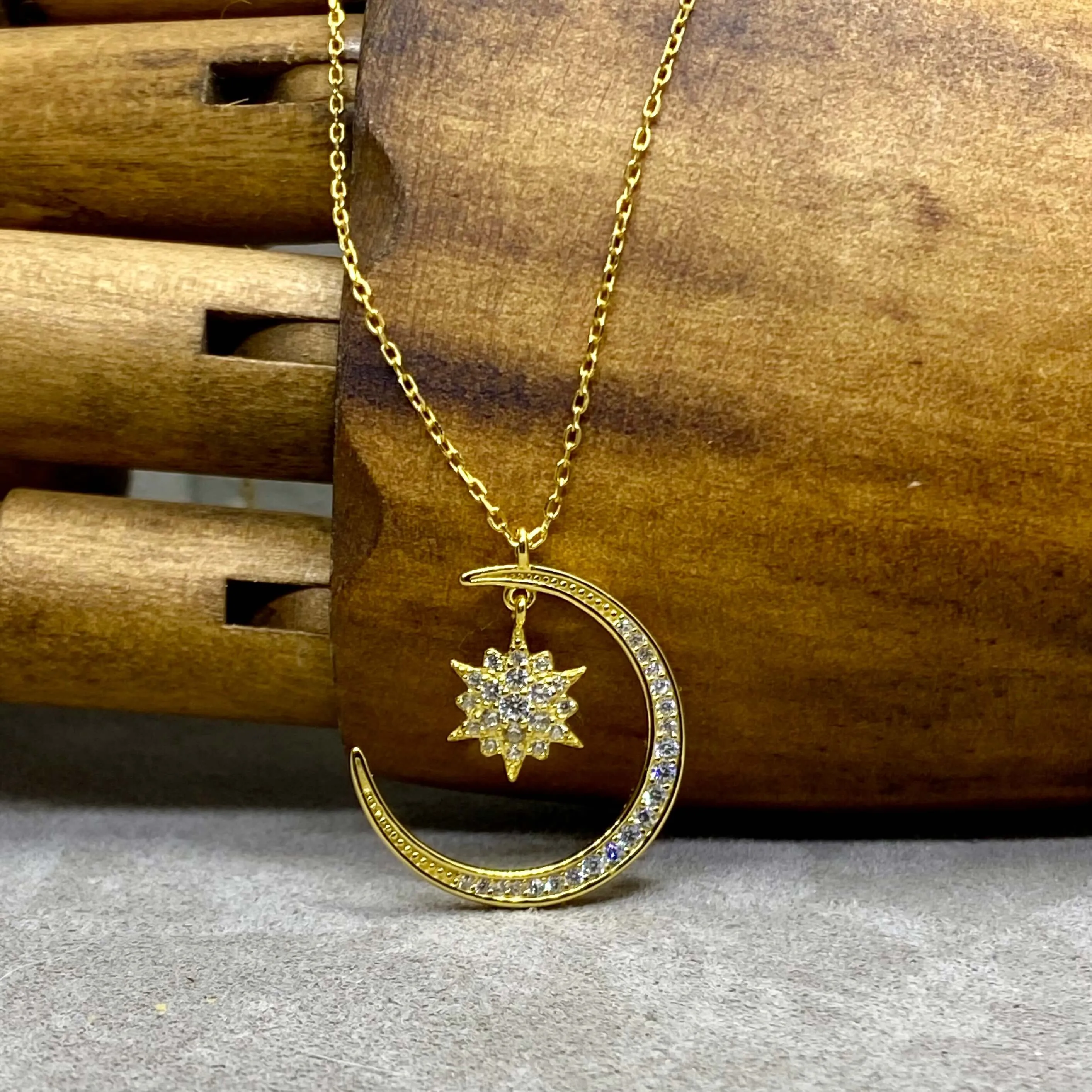 Crescent Moon & Star Sterling Silver Necklace