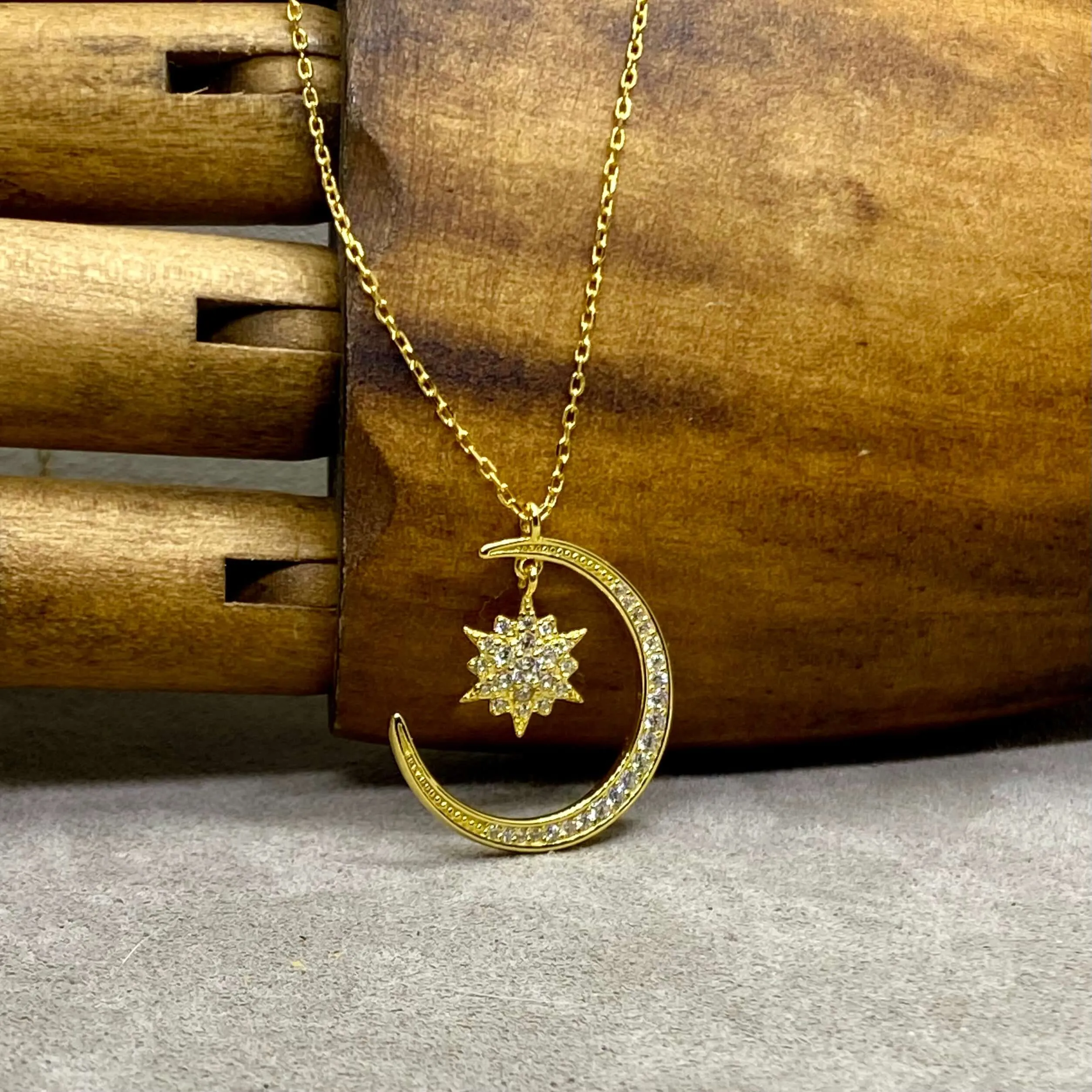 Crescent Moon & Star Sterling Silver Necklace