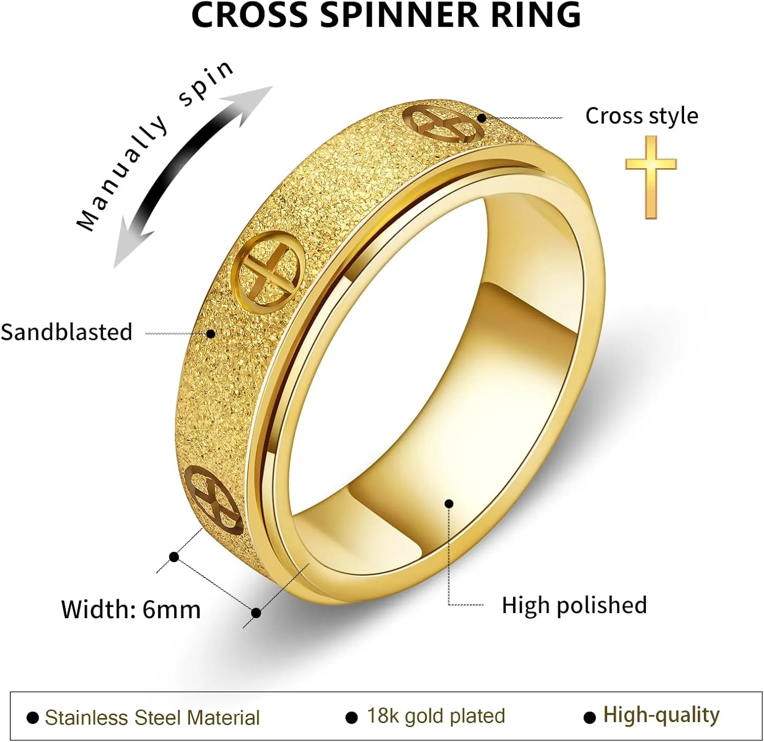 Dainty Gold Fidget Rings for Women: Stunning Fidget Toys & Fidget Spinners for Adults -18K Gold Plated Cross Rings, Love Ring & Eternity Band for Couples