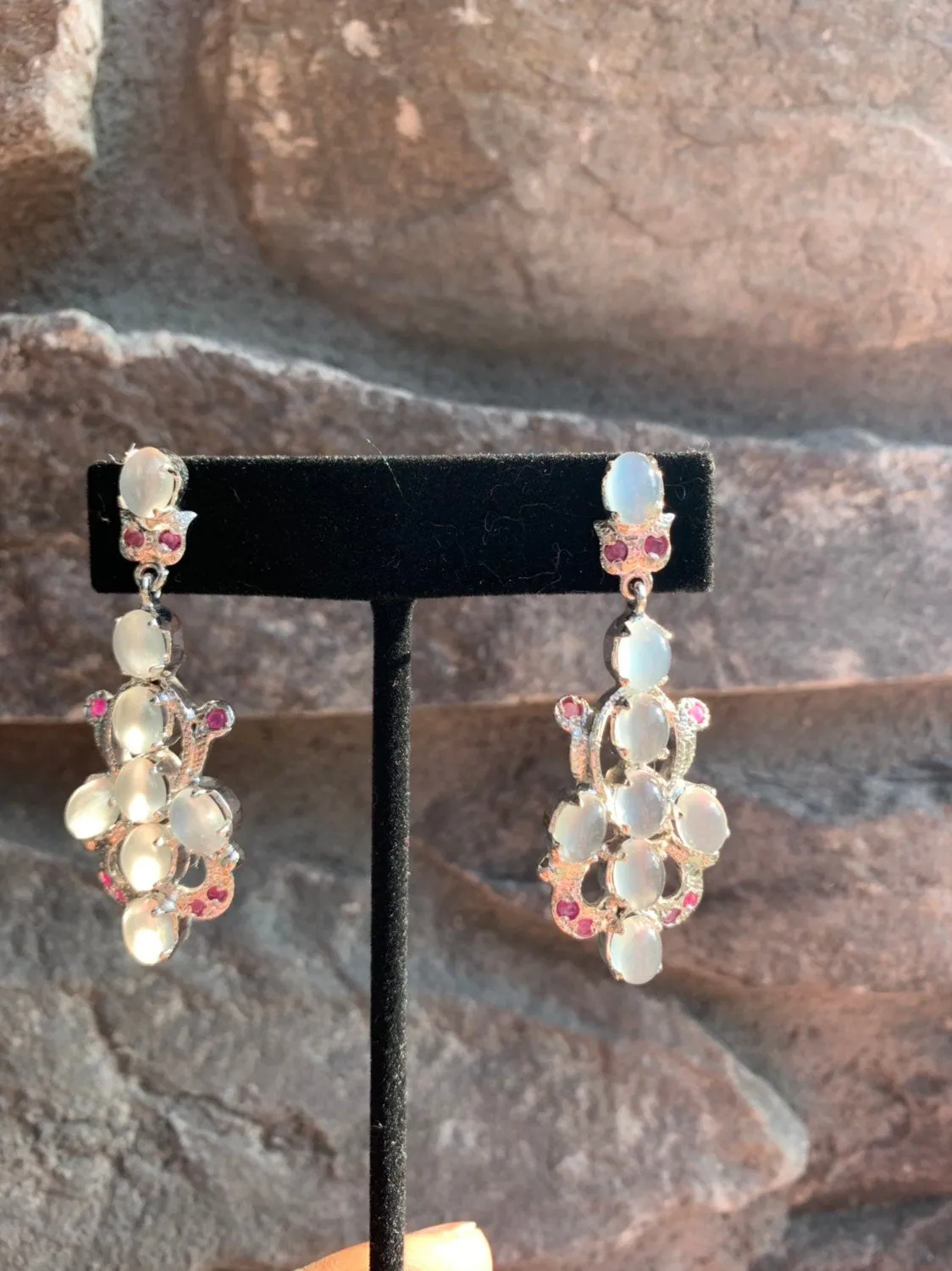 Designer Victorian Style Silver Moonstone Ruby Statement Necklace With Earrings