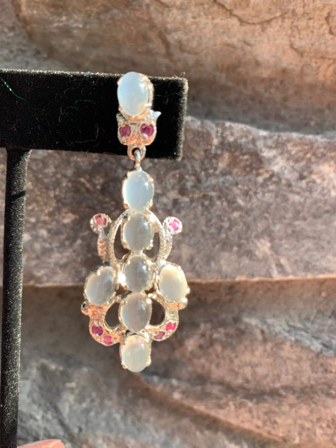 Designer Victorian Style Silver Moonstone Ruby Statement Necklace With Earrings