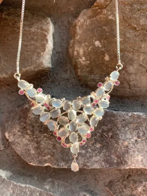 Designer Victorian Style Silver Moonstone Ruby Statement Necklace With Earrings