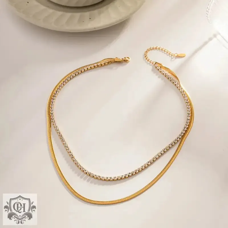 Double Layer Diamond & Snake Chain Necklace