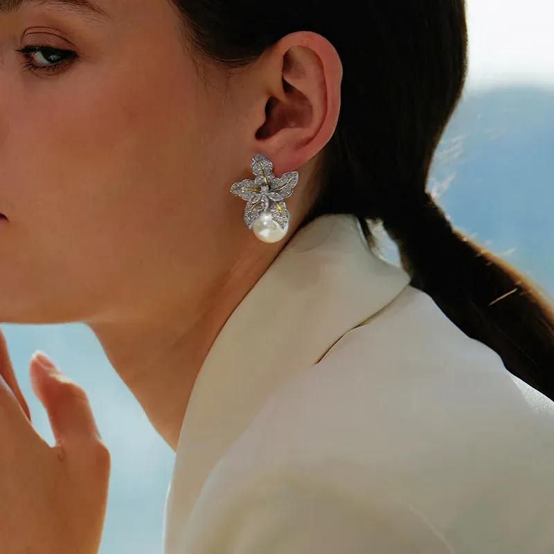 Elegant Floral Pearl Earrings for Women – Luxurious CZ Stone