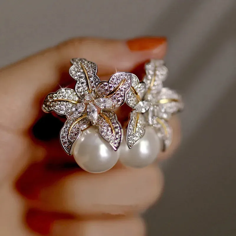 Elegant Floral Pearl Earrings for Women – Luxurious CZ Stone