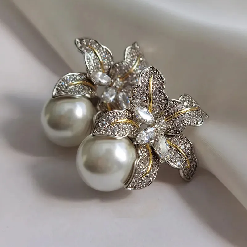Elegant Floral Pearl Earrings for Women – Luxurious CZ Stone