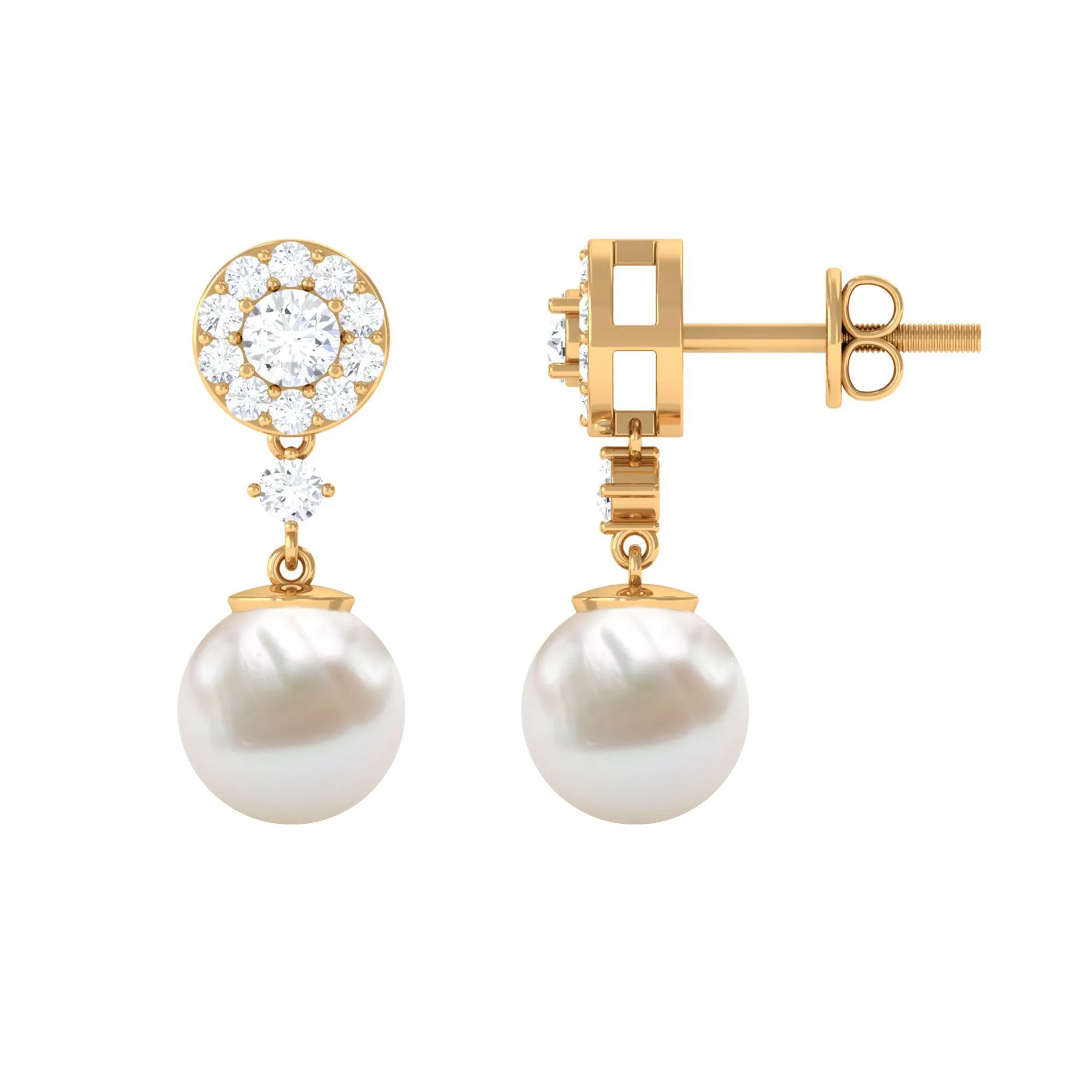 Elegant Freshwater Pearl Stud Drop Earrings with Diamond