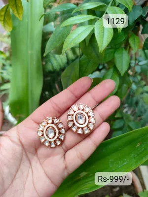 Elegant Golden Moissanite Polki Stud Earrings with American Diamonds For Best Gift Her