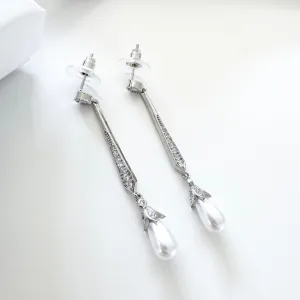 Elegant Long Crystal and Pearl Earrings